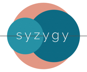 A pink and blue background with the word syzygy in front of it.