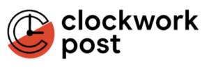 A black and white image of the logo for clockwork post.